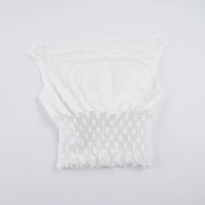 One Shoulder Crop Top With Sheer Polka Dots and Ruched