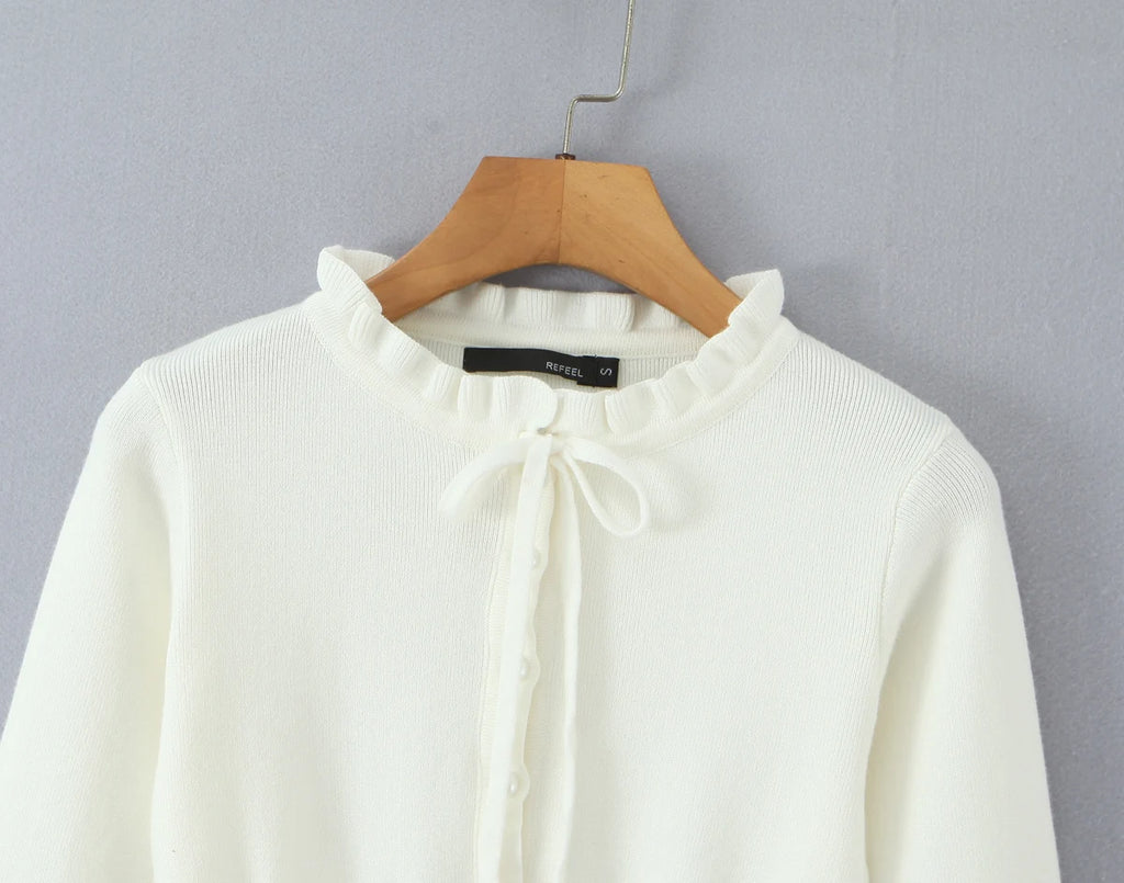 Lacing Up Bow Woodears O neck Open Buttons Through Crop Pointelle Knitted Cardigan Sweater Woman Jumper Knitwear