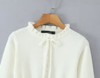 Lacing Up Bow Woodears O neck Open Buttons Through Crop Pointelle Knitted Cardigan Sweater Woman Jumper Knitwear