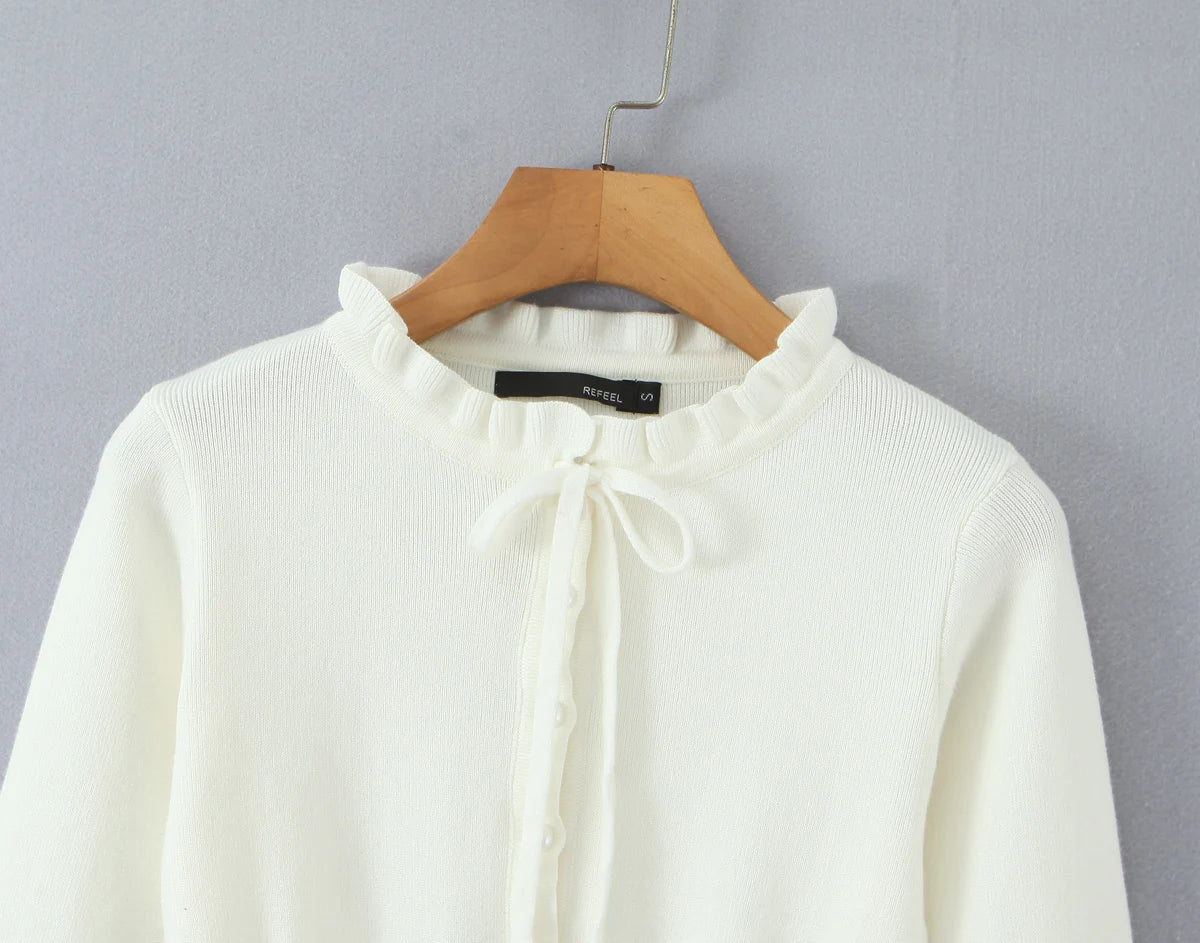 Lacing Up Bow Woodears O neck Open Buttons Through Crop Pointelle Knitted Cardigan Sweater Woman Jumper Knitwear
