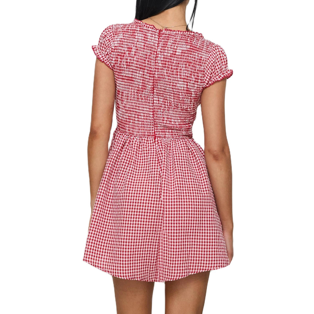 Plaid Bow Mini Dress With V Neck And Short Sleeves