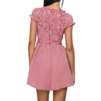 Plaid Bow Mini Dress With V Neck And Short Sleeves