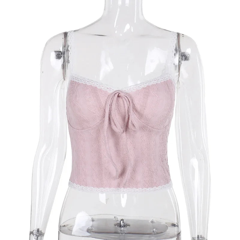 Coquette French Style Cute Camis Sleeveless Open Back Lace Trim Tie Up