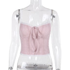 Coquette French Style Cute Camis Sleeveless Open Back Lace Trim Tie Up