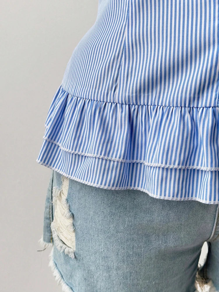 Blue Striped Sleeveless Shirt With Pleated Hem V Neck