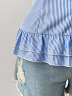 Blue Striped Sleeveless Shirt With Pleated Hem V Neck