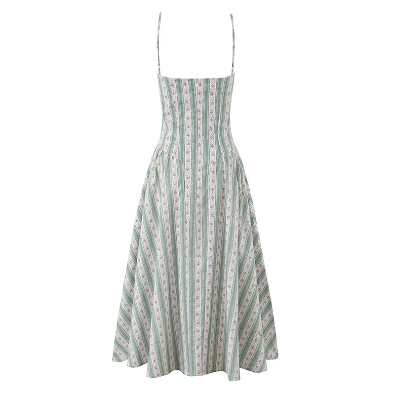Spaghetti Strap Striped Floral Midi Dress For Women Elegant A Line