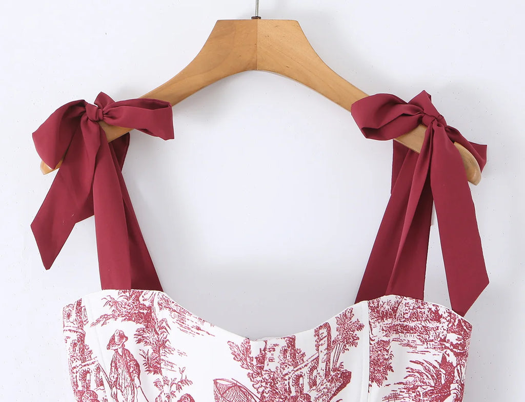 Sexy Women's Print Corset Top Bow Tie Straps Lacing Up Back Top