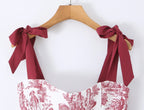 Sexy Women's Print Corset Top Bow Tie Straps Lacing Up Back Top