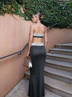 Black Lace Patchwork Two Piece Set With Backless Tube Top And Polka Dot Skirt