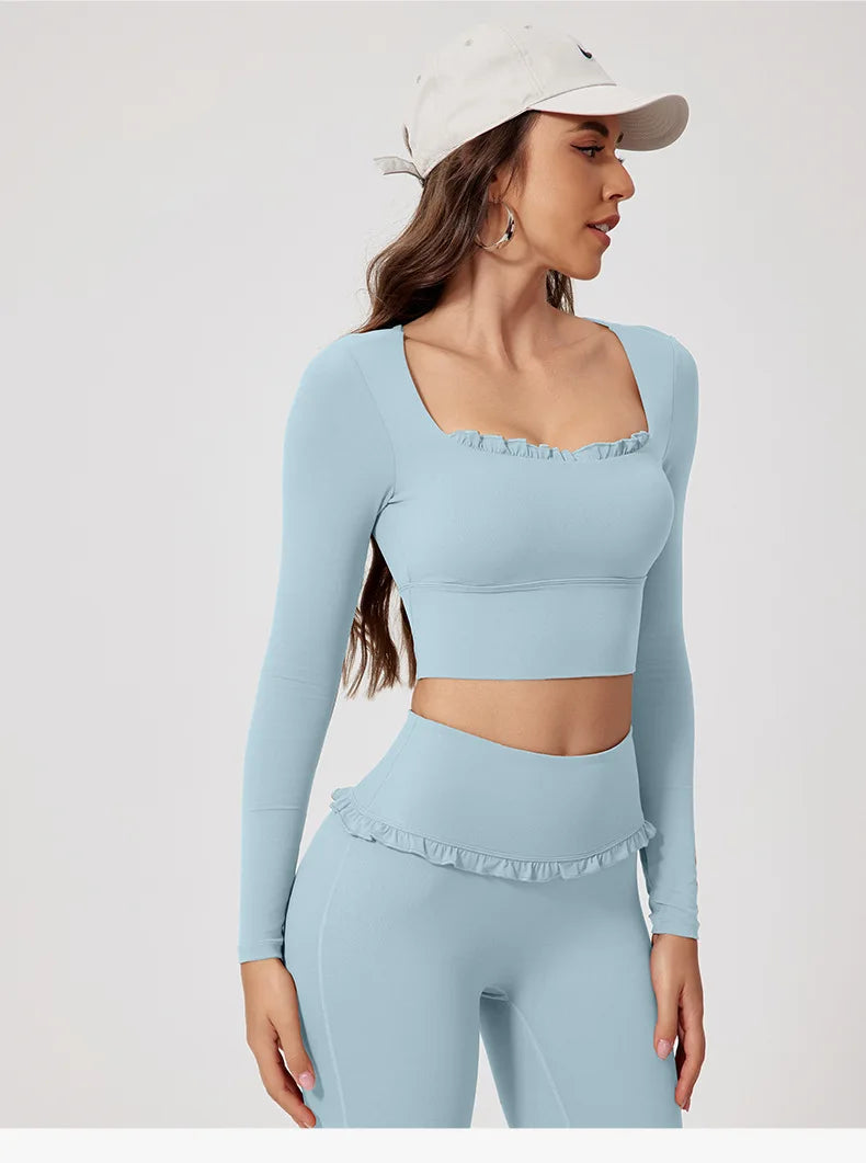 Women Shirts Long Sleeve for Yoga Crop Top Square Neck Workout Clothing with Chest Pads Fitness