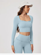 Women Shirts Long Sleeve for Yoga Crop Top Square Neck Workout Clothing with Chest Pads Fitness