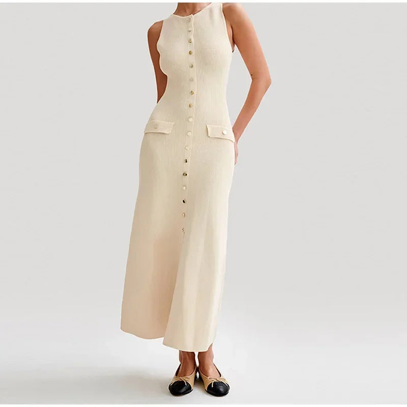 Chic Knit Midi Dress With Button Front And O Neck Silhouette
