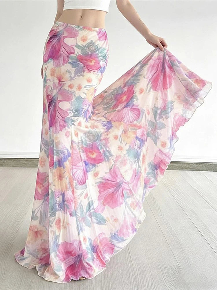 Bohemian Mesh Floral Maxi Skirt For Women Elegant High Waist