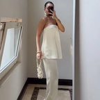 Elegant Satin Two Piece Set With Off Shoulder Top And High Waist Trousers