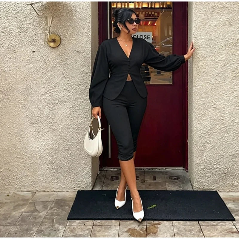 Sleek Blazer Capri Set For Women V Neck Jacket With Matching Pants