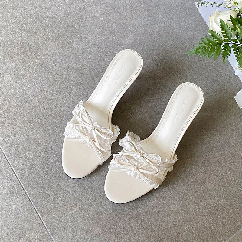 Butterfly Knot Heeled Slippers For Women Round Toe Slip On Sandals With Slim Heels