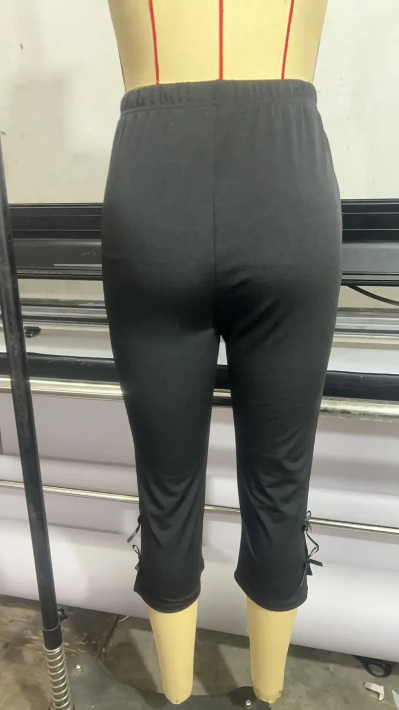 Women's Y2K Cute Capri Pants Solid Color Satin Bow Decor Side Split Summer Slim CroppedTrousers Stretch Crop Leggings