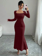 Retro Square Collar Dress With Long Sleeves In Solid Color