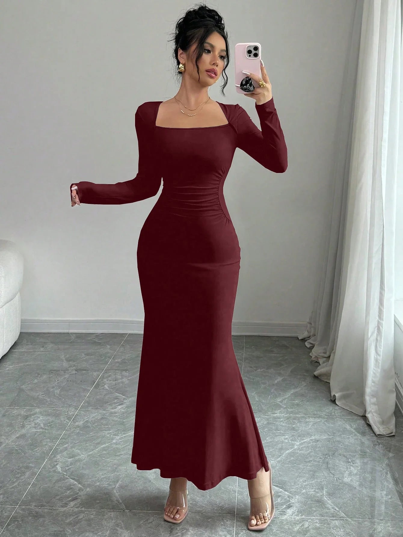 Retro Square Collar Dress With Long Sleeves In Solid Color