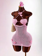 Pink Knitted Set With Sheer Heart Cup Top And Mini Skirt