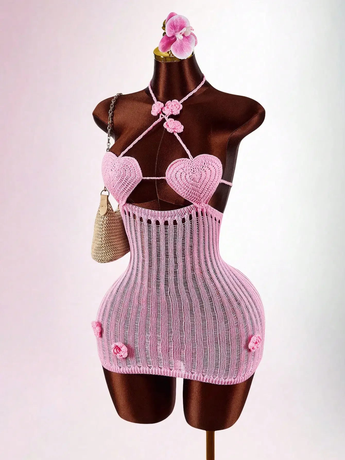 Pink Knitted Set With Sheer Heart Cup Top And Mini Skirt