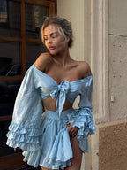 V Neck Lace Up Top Two Piece Set With Pleated Short Skirt For Modern Evening Elegance