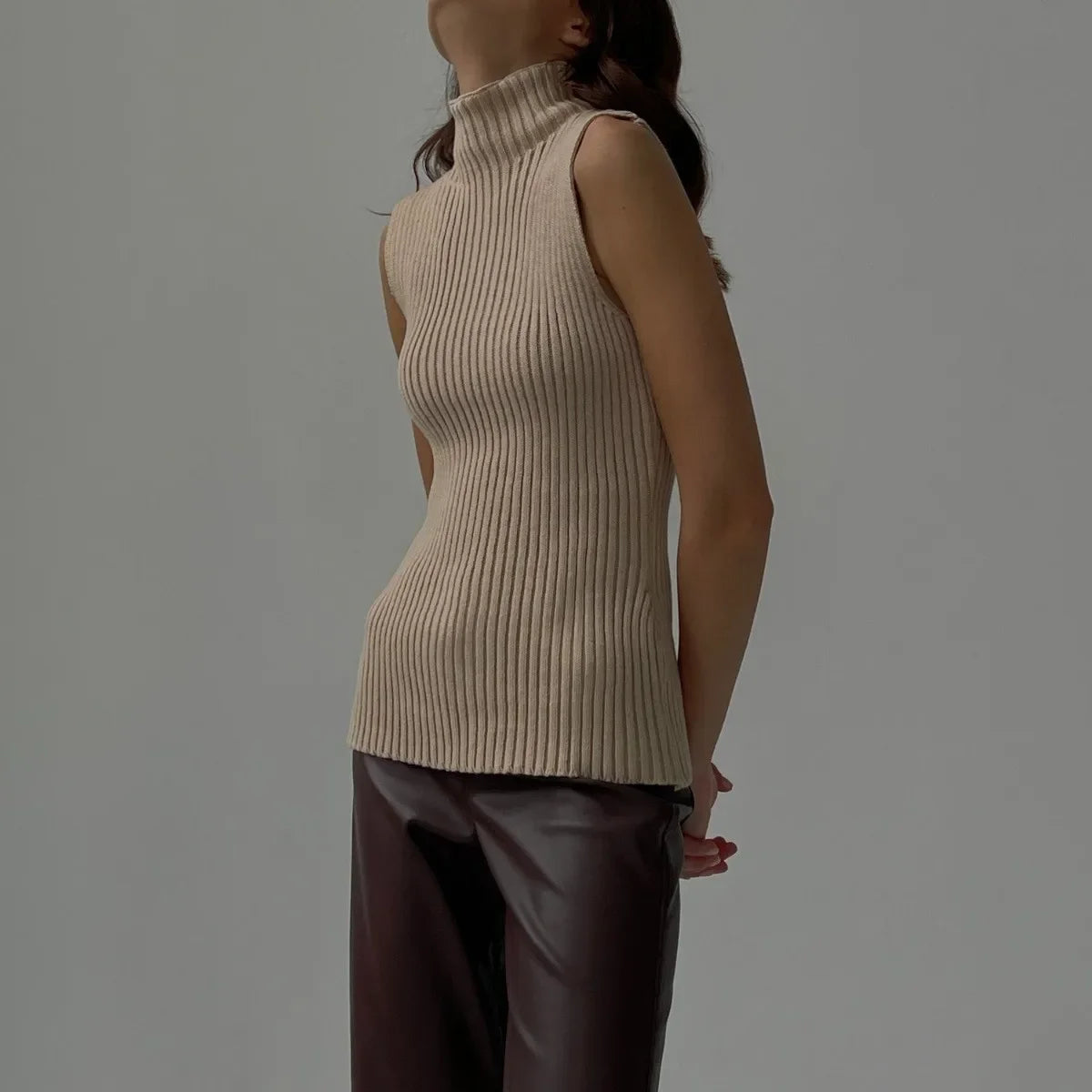 Women's Ribbed Turtleneck Knit Sleeveless Top