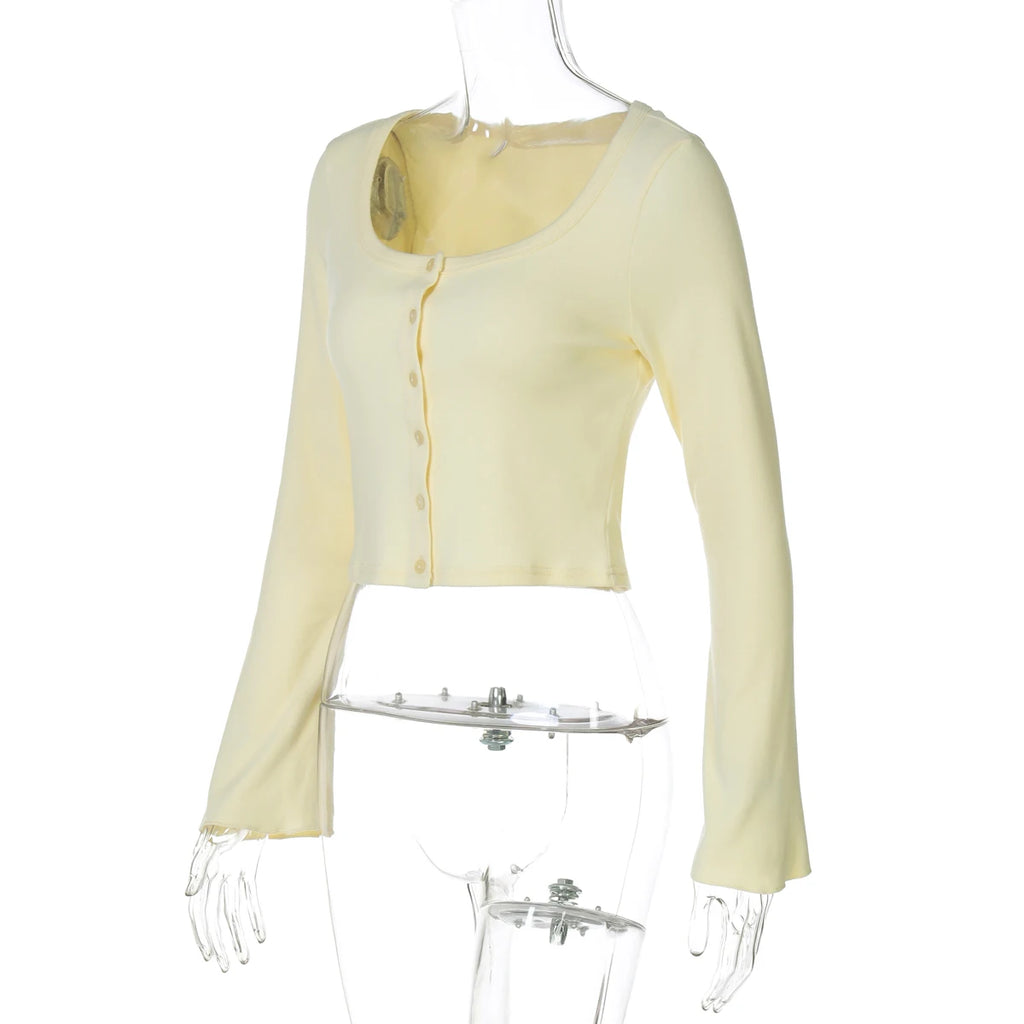 Square Collar Crop Top With Long Flare Sleeves And Button Details