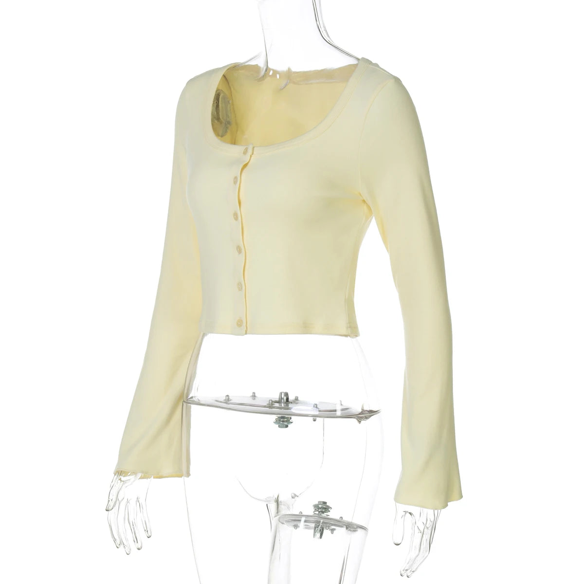 Square Collar Crop Top With Long Flare Sleeves And Button Details