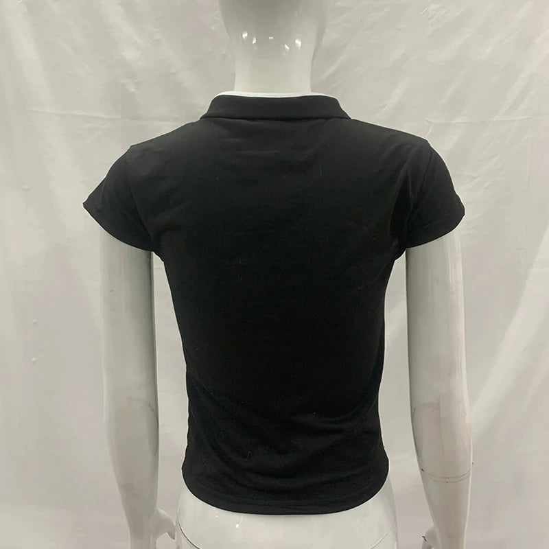 Ladies Blouse With Mandarin Collar Short Sleeve Crop Top Keyhole Frog Button Vintage Asymmetrical Design