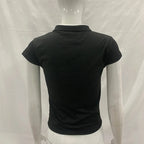 Ladies Blouse With Mandarin Collar Short Sleeve Crop Top Keyhole Frog Button Vintage Asymmetrical Design