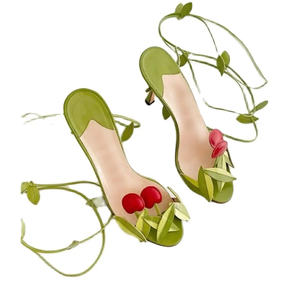 Cherry Charm Strappy Green Sandals