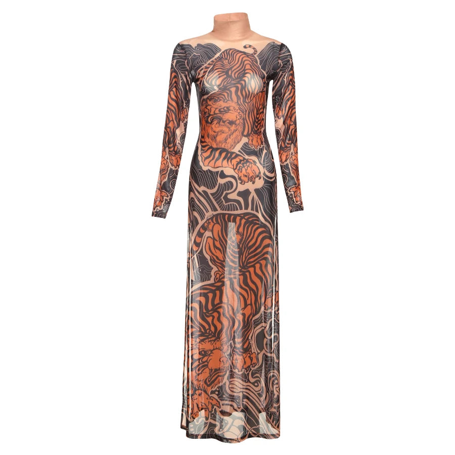 Tiger Print Sheer Long Sleeve Top With High Neck And Slits Street Style