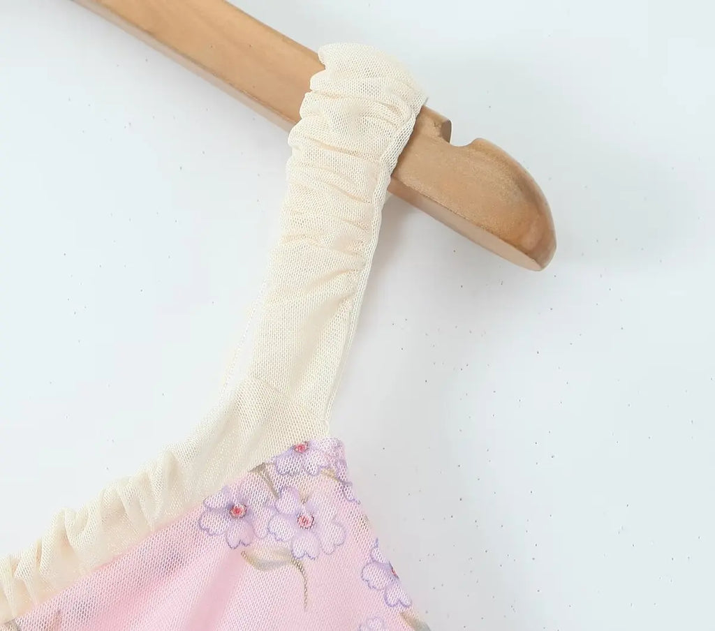 Vintage Pink Floral Print Mini Sexy Women's Dress