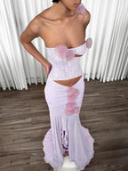 One Shoulder Floral Hollow Out Purple Maxi Dress
