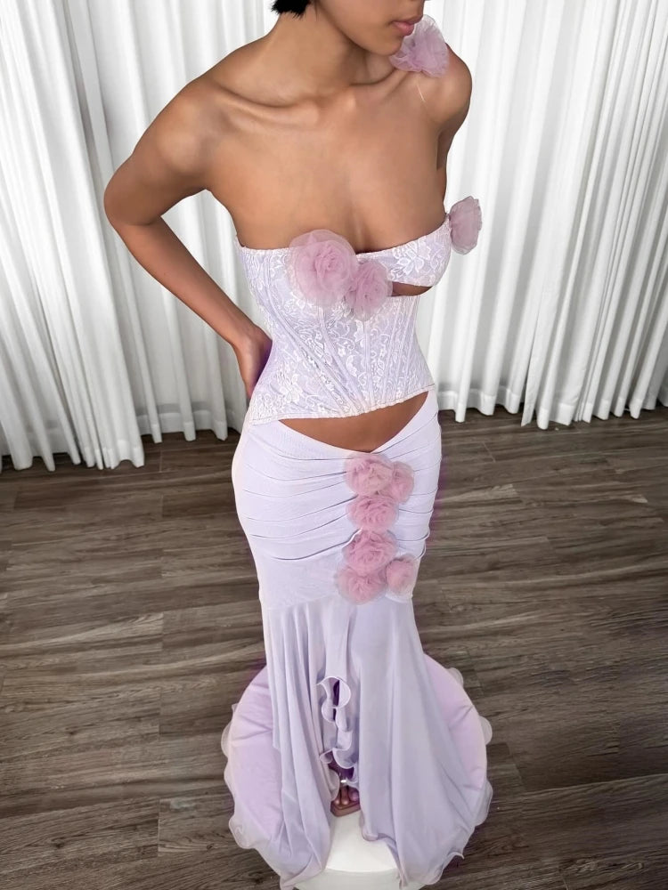 One Shoulder Floral Hollow Out Purple Maxi Dress