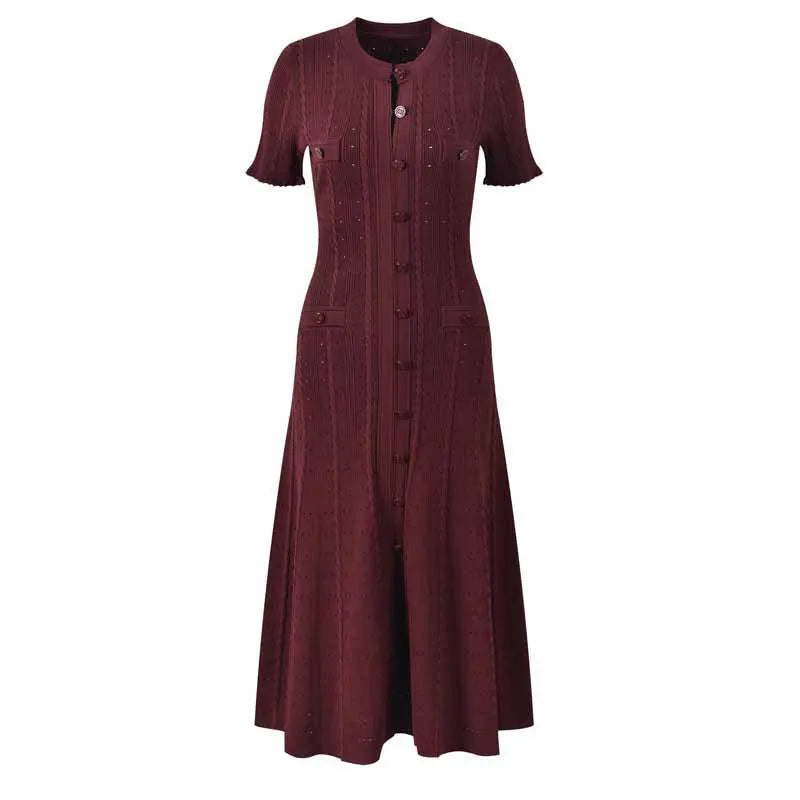 Knit Ribbed Bodycon Midi Dress With O Neck And Short Sleeves