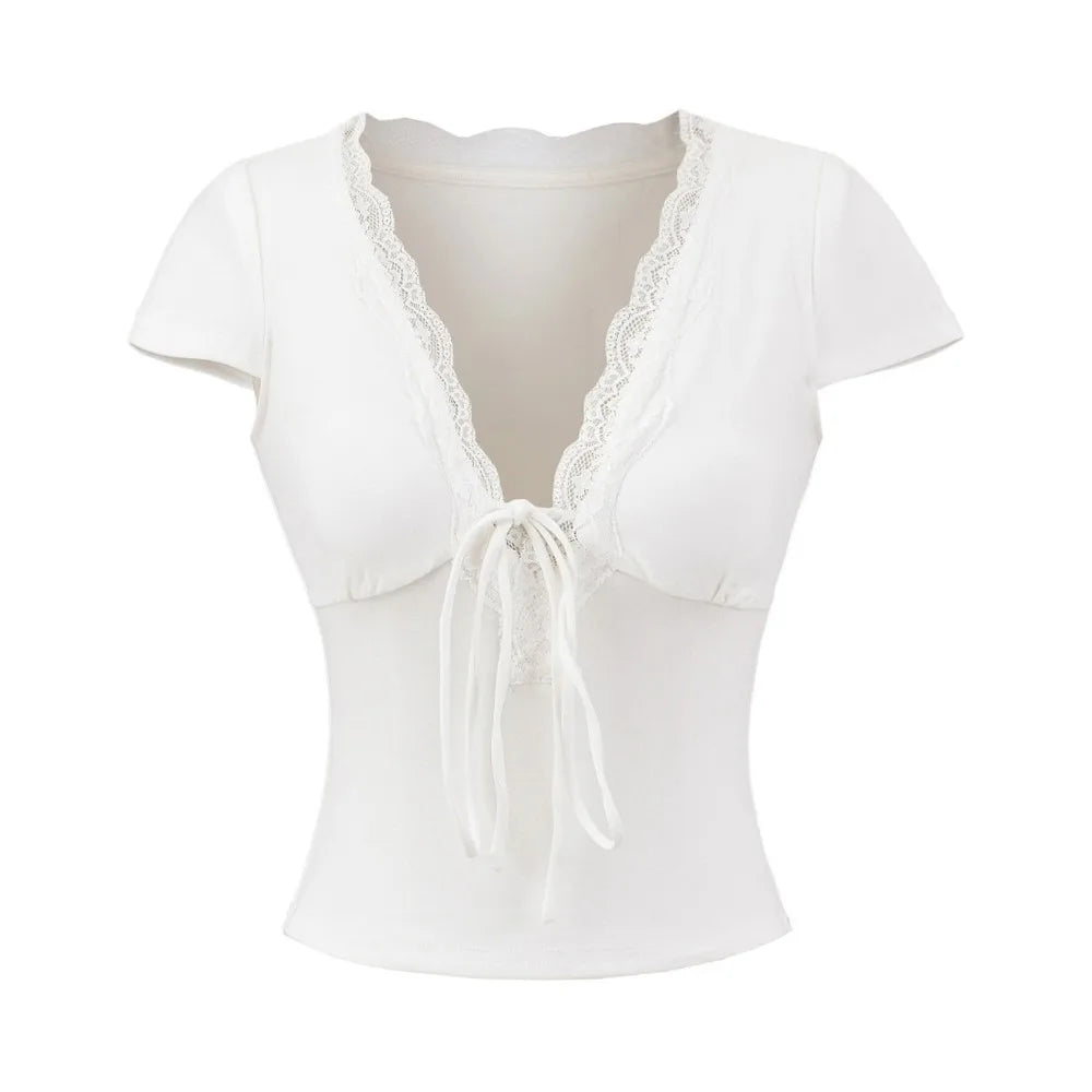 V-Neck Lace Crop Top