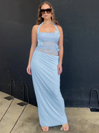Halter Backless Sheer Mesh Maxi Dress With Floral Embellishment