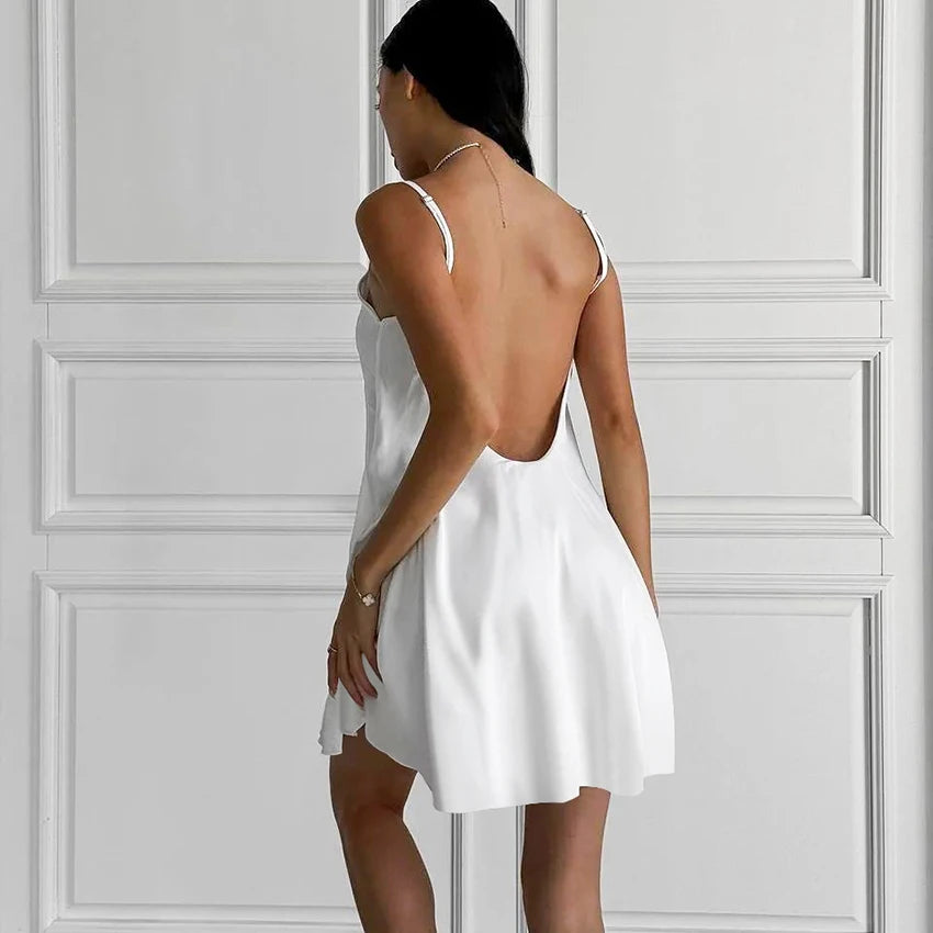 Sexy White Spaghetti Strap Short Lace Pullover Ruched Backless Nightgown