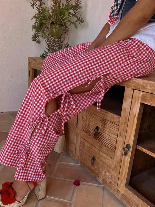 Plaid Wide Leg Pants With Side Tie Hollow Out Detail Loose Fit Trousers