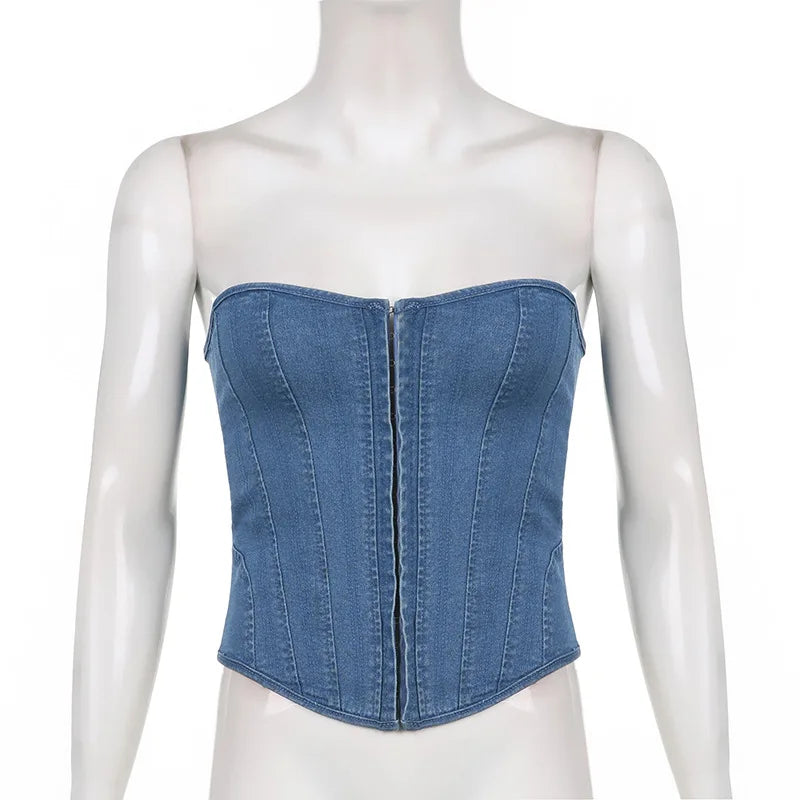 Off Shoulder Denim Corset Tank Top With Lace Up Back Hollow Detail Slim Bustier Camisole