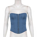 Off Shoulder Denim Corset Tank Top With Lace Up Back Hollow Detail Slim Bustier Camisole