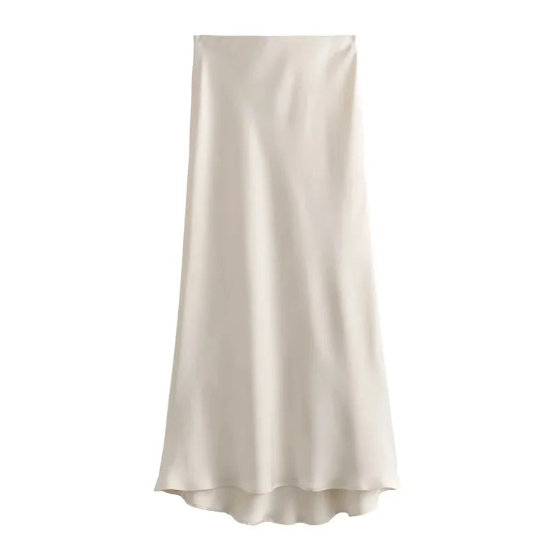 Satin High Waist Midi Skirt With Flair