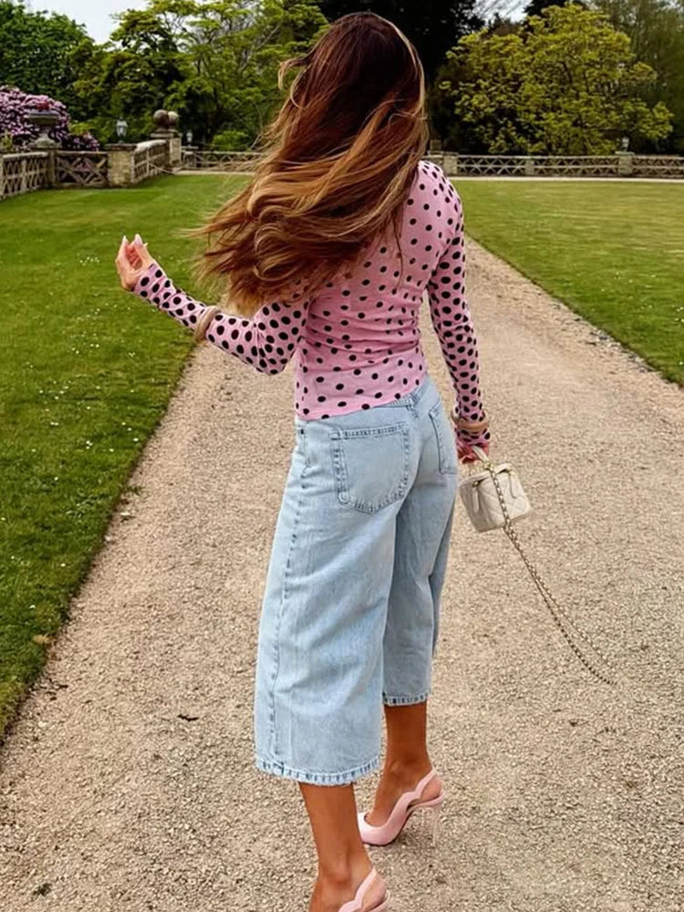Blush Pink Polka Dot Lightweight Long Sleeve Tee O Neck Top