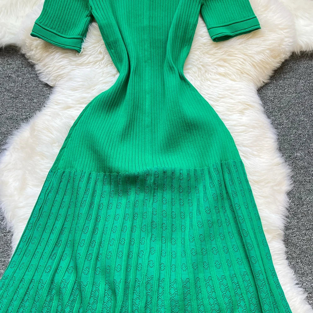 Vintage Inspired Turn Down Collar Knit Maxi Shirt Dress