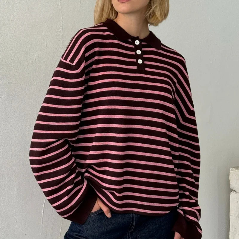 Vintage Rib Knitted Striped Collared Sweater Loose Long Sleeve Pullover Knit Top