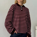 Vintage Rib Knitted Striped Collared Sweater Loose Long Sleeve Pullover Knit Top