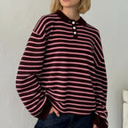 Vintage Rib Knitted Striped Collared Sweater Loose Long Sleeve Pullover Knit Top